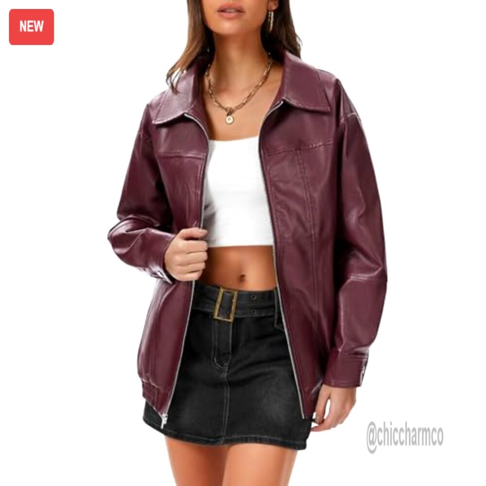 Oversized Faux Leather Bomber Jacket Motorcycle Style Zip Up Coat - Picture 2 of 7